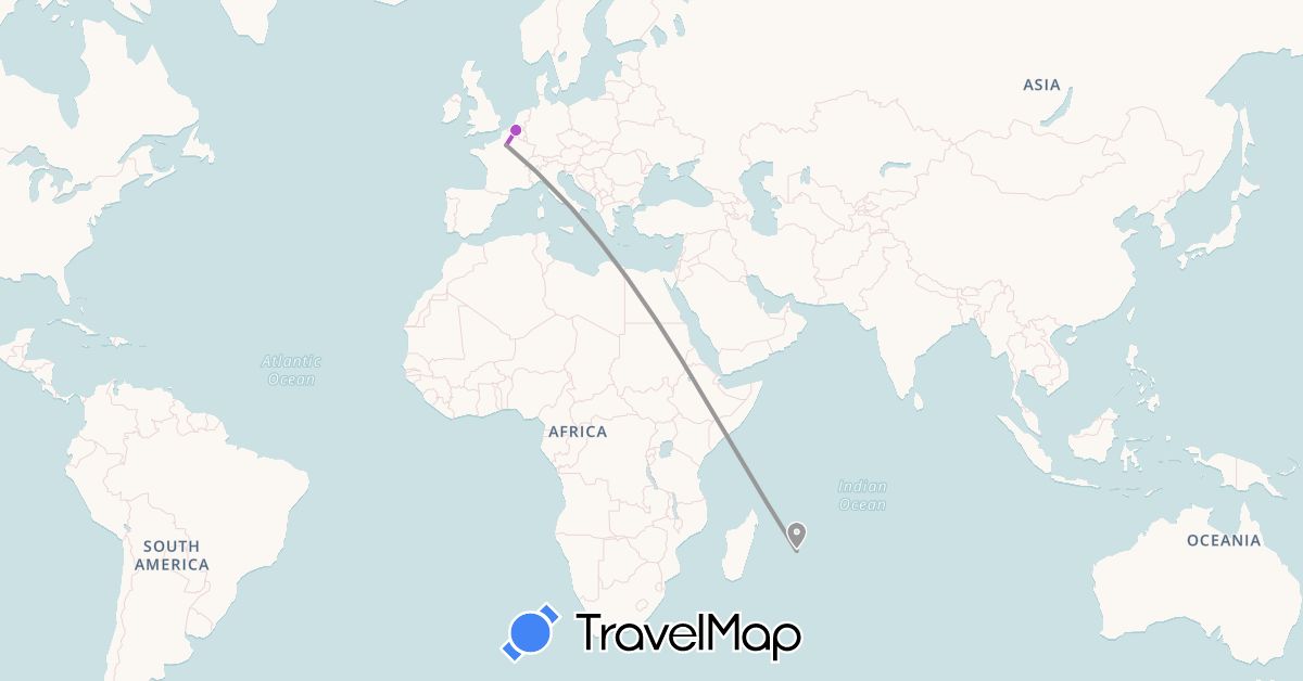 TravelMap itinerary: driving, plane, train in Belgium, France, Mauritius (Africa, Europe)